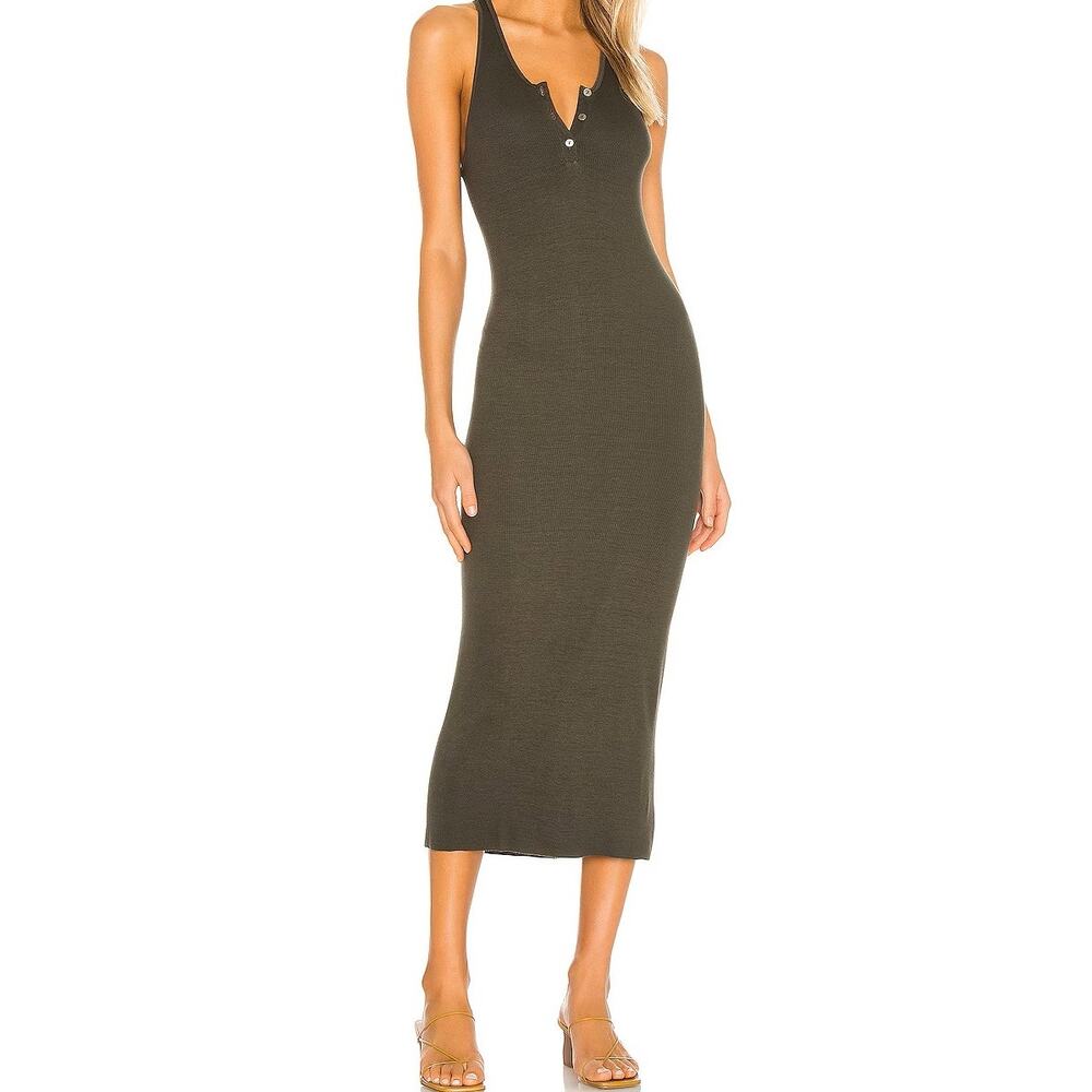 Enza Costa Silk Rib Henley Tank Midi Dress in Uniform Green Size XS